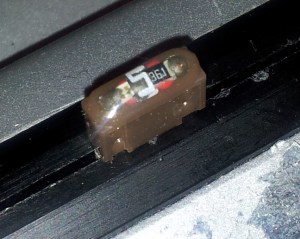 Closeup of fuse, LED and resistor