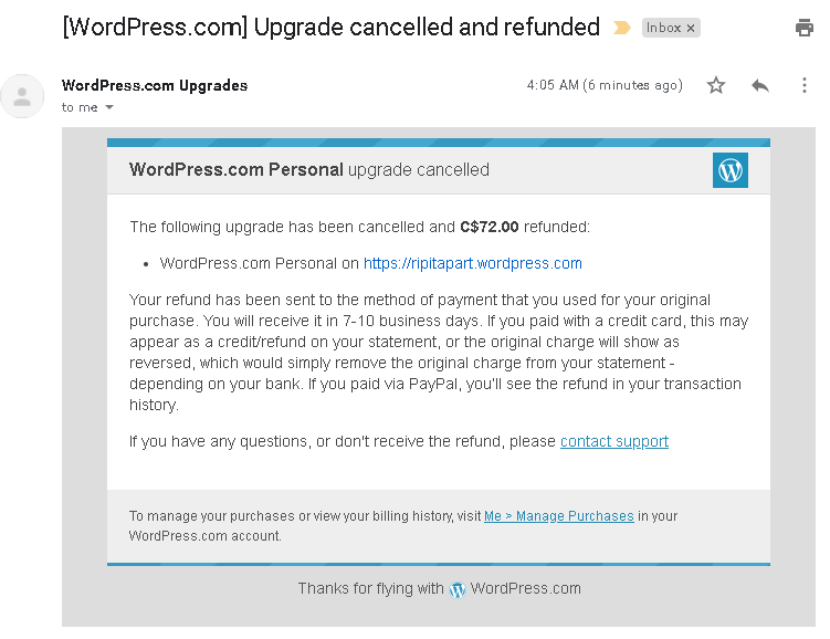 WordPress Personal Plan Cancelled